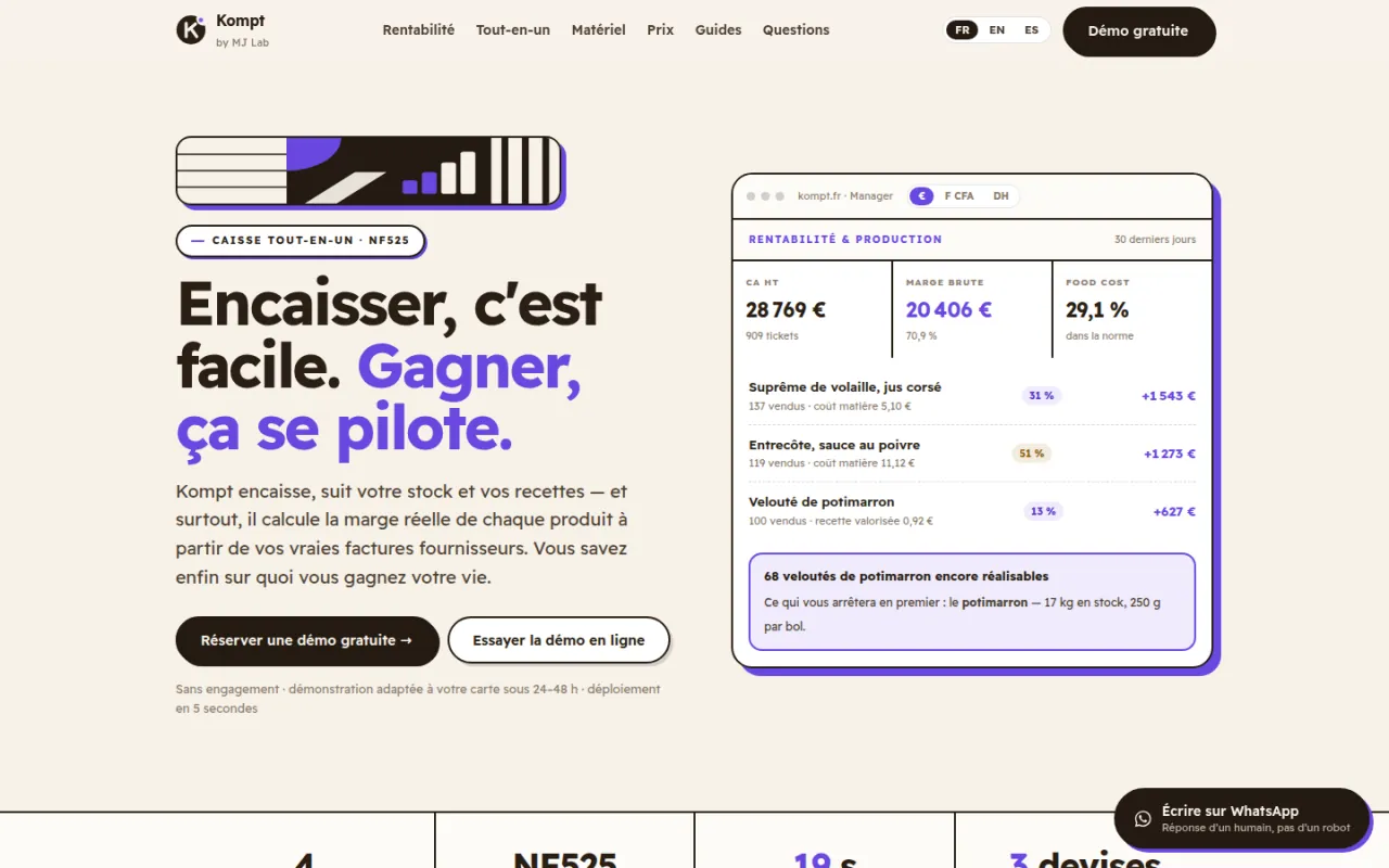 Page d’accueil de Kompt, la caisse tout-en-un.